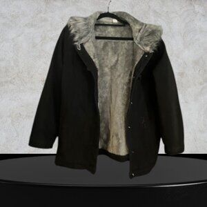 A Black Hooded Parka Featuring A Faux Fur Lining And Trim.